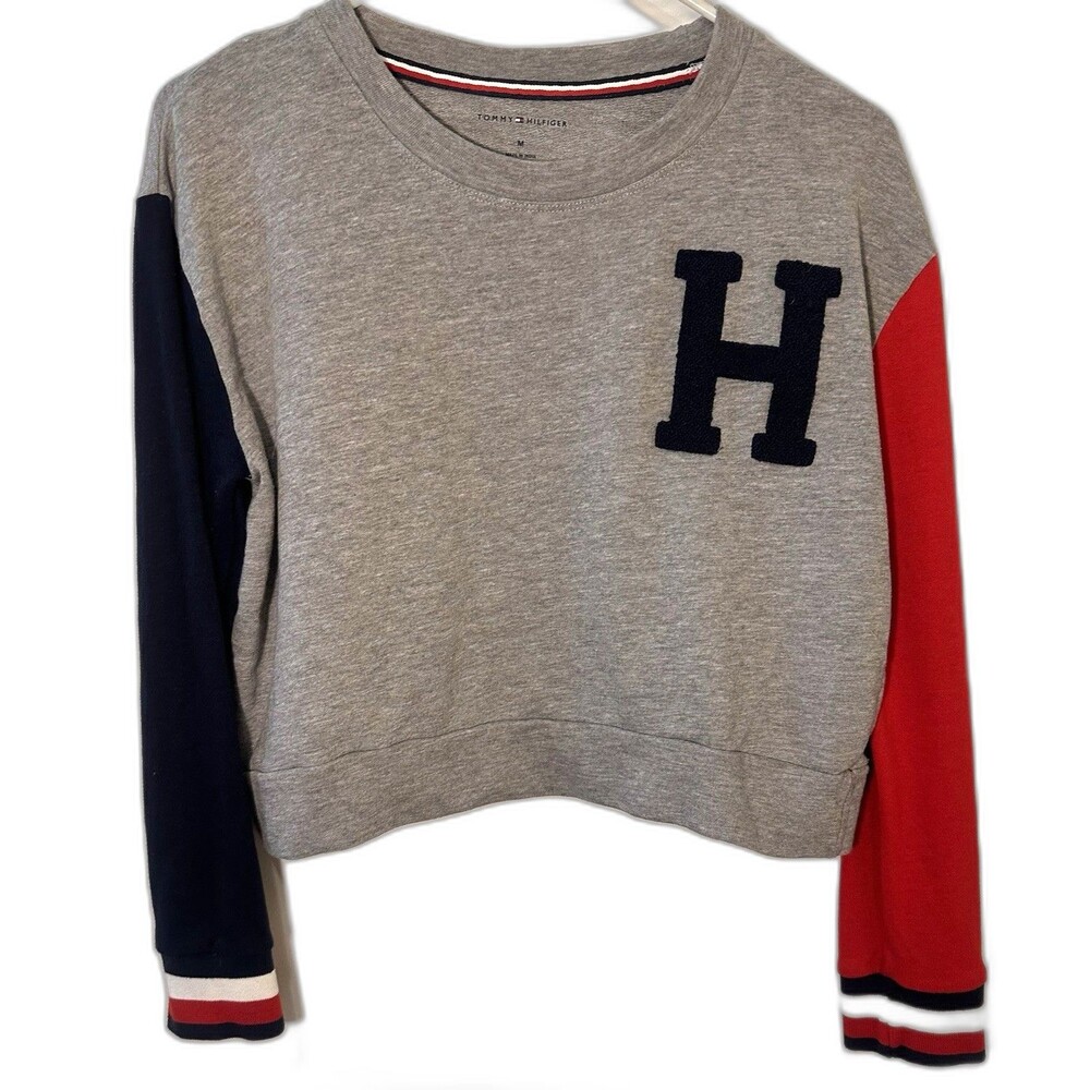 Tommy Hilfiger Cropped Sweatshirt Medium Colorblock Varsity H Logo